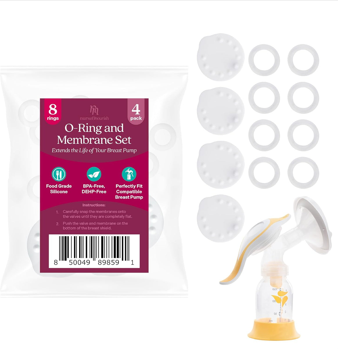 Nurse & Nourish 8 O'Rings & 4 Breast Pumps Membranes for Medela Harmon