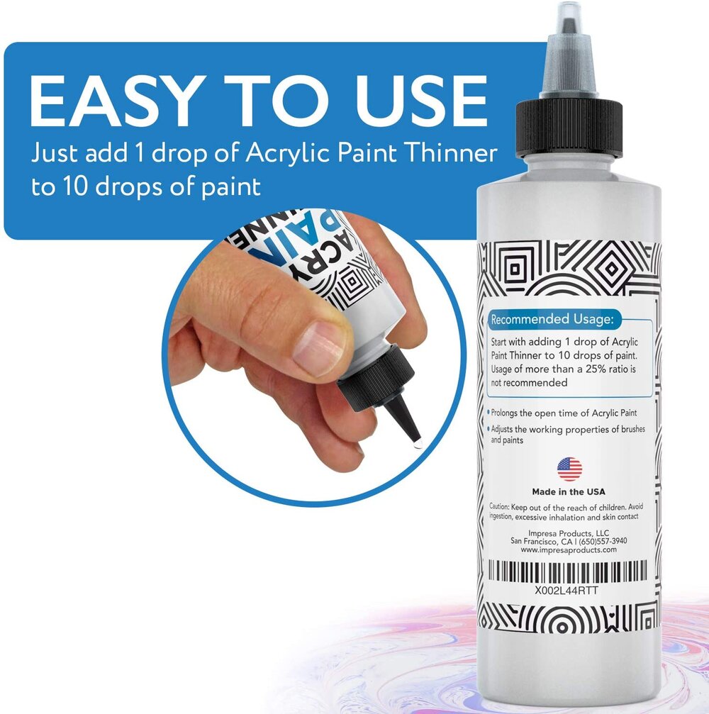8oz Acrylic Paint Thinner for Slow Drying Acrylic Paints, Acrylic Paint & Slow Drying Mediums Paint Mixes, Thins Paints Without Losing Slow Drying Qualities Made in USA