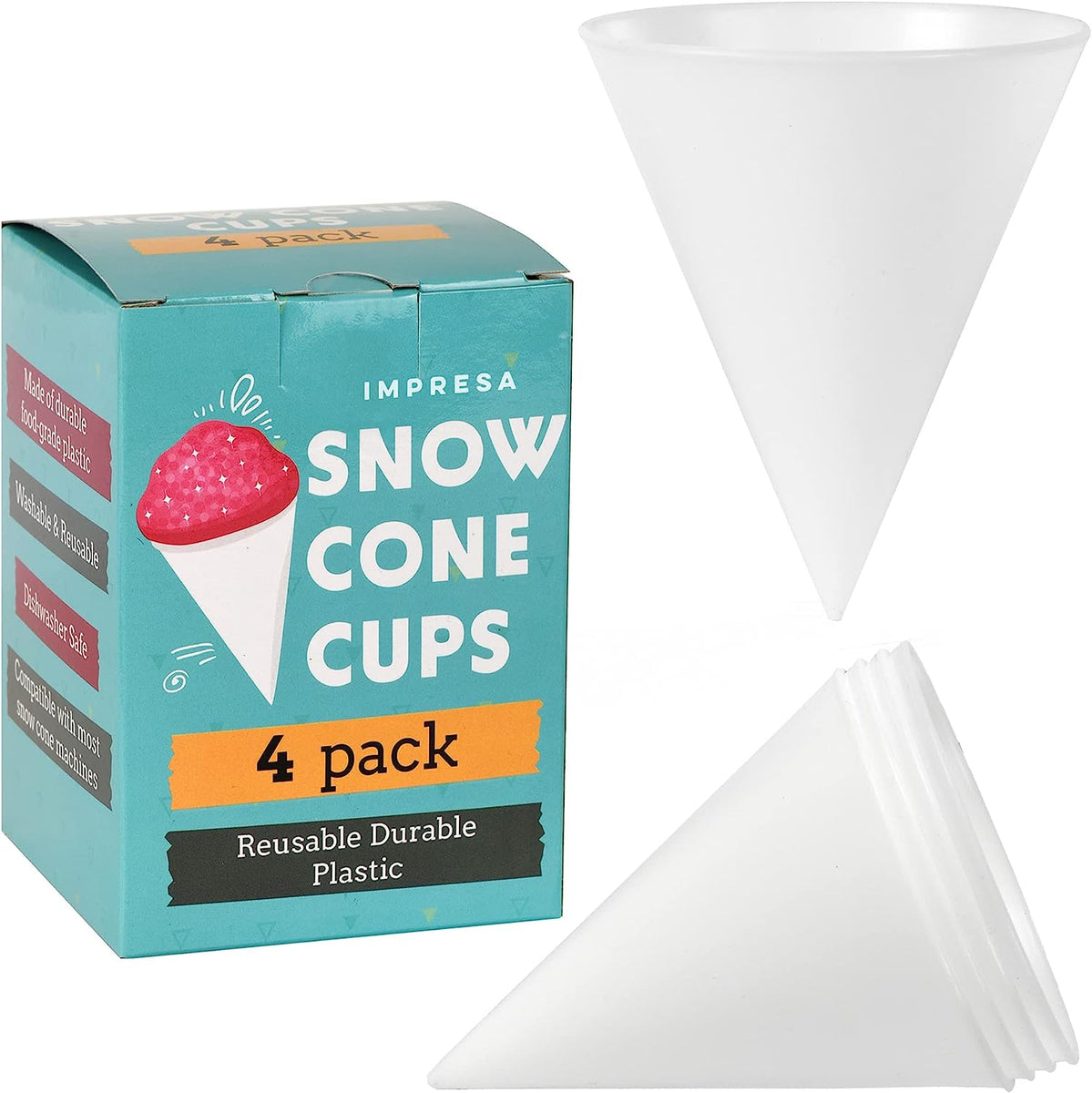 [4 Pack] Plastic Reusable Snow Cone Cups for Your Snow Cone Maker Impresa Products
