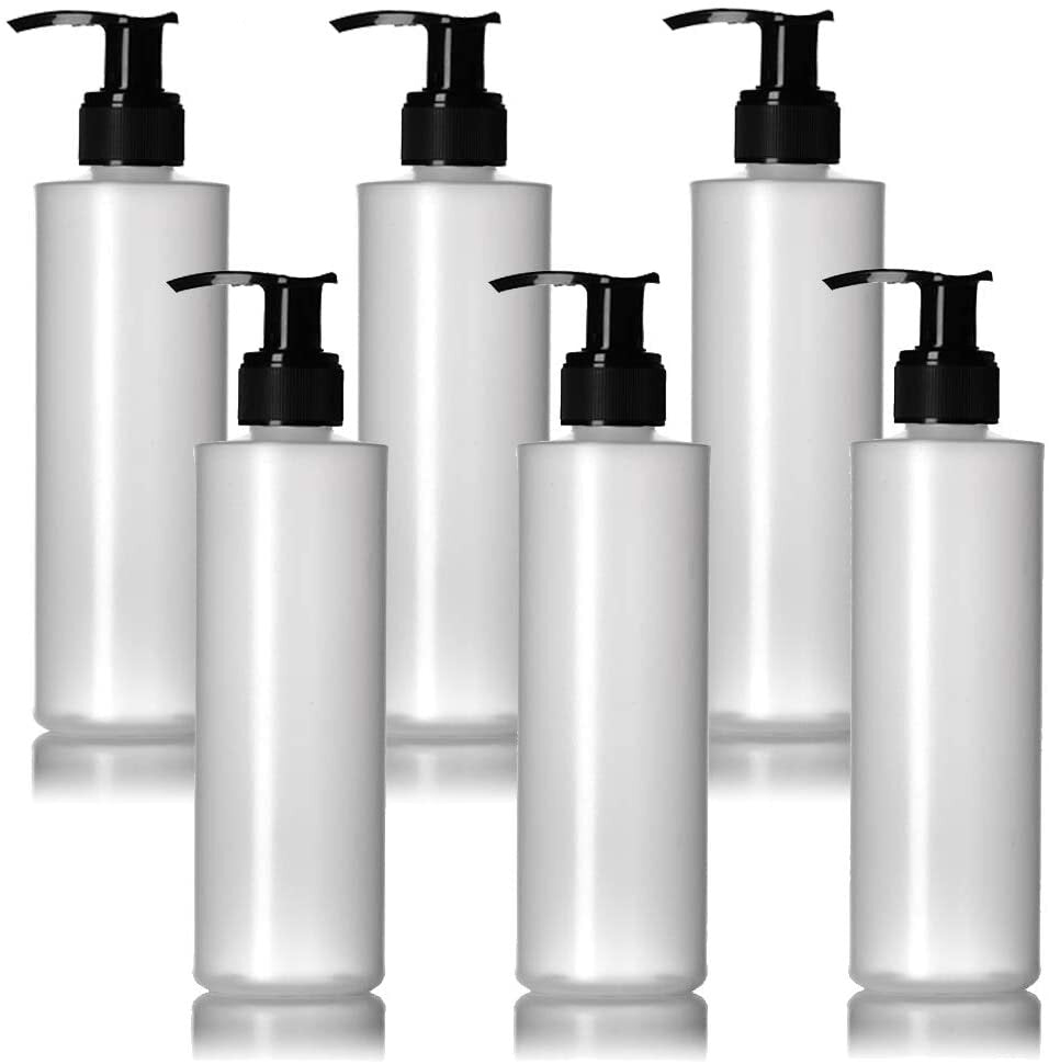 6 Pack 8 Oz Plastic Pump Dispenser Bottles for Lotion, Massage Oil, Shampoo and More! - Refillable, BPA Free Clear / Frosted Empty 8oz Containers - Fit Into Holsters, Bulk