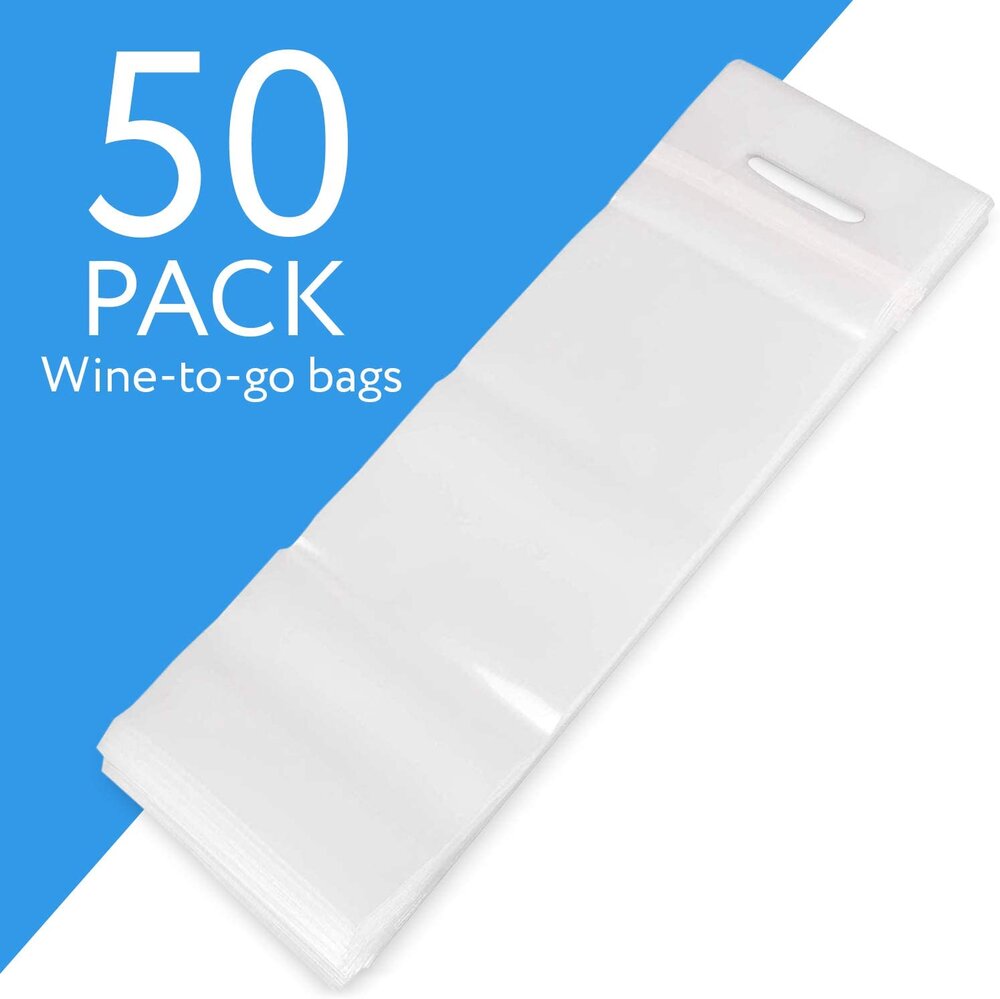 50pk Wine to Go Bag - Use for Restaurant, Bar & Travel Bags - Sturdy Handle and Tamper Proof Seal - Clear Plastic