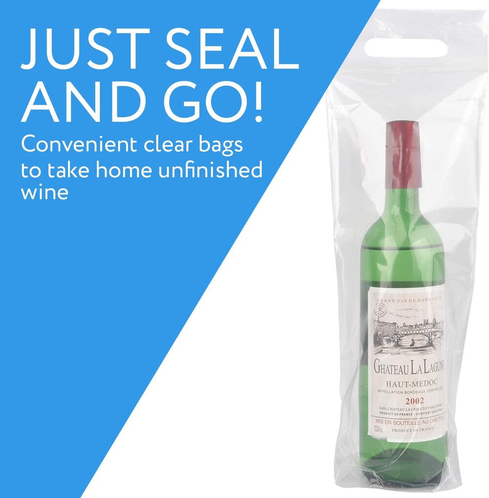 50pk Wine To Go Bag - Perfect Use For Restaurant, Bar & Travel Bags - Sturdy Handle And Tamper Proof Seal - Clear Plastic