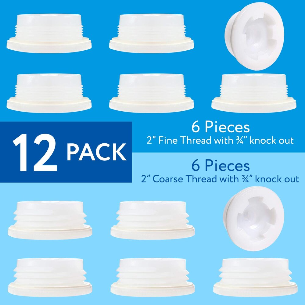 12 Pack Combo of 2" Bung Caps with 3/4" Knock Out Includes 6 Fine NPT Thread Caps and 6 Coarse Buttress Thread Caps with Gasket for Most 15, 30 and 55-Gallon Poly Drums