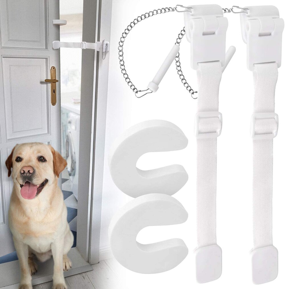 [2 Pack] Dog Door Strap Latch to Keep Dogs Out of Litter Box and Cat Food - Adjustable Door Strap for Pets, Includes Cat Door Stopper - Lets Cats In, Keeps Dogs & Babies Out