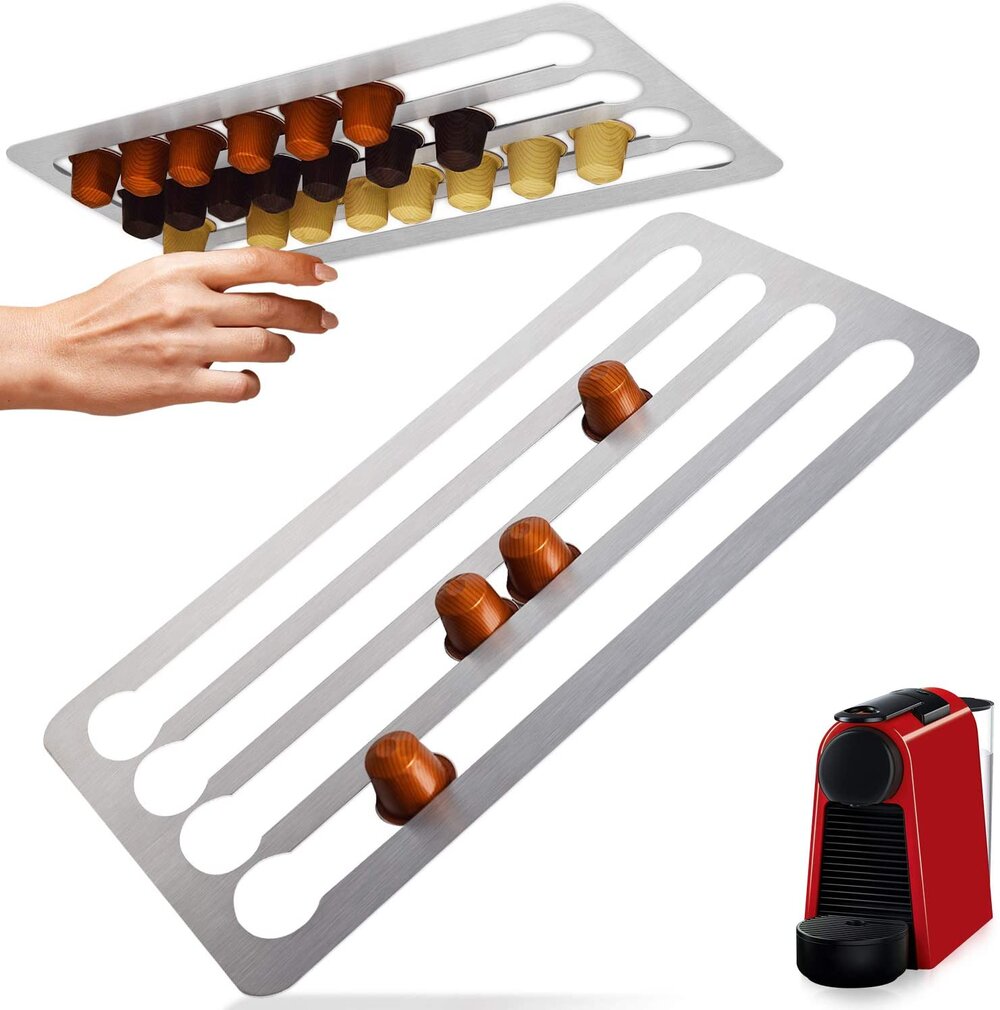 Stainless Steel Capsule Holder Compatible with Nespresso Pods, Vertically or Horizontally Mounted on Walls or Under Cabinets, 16"L x 8.6"W (41cm x 22 cm) Nespresso compatible Storage Holds 44