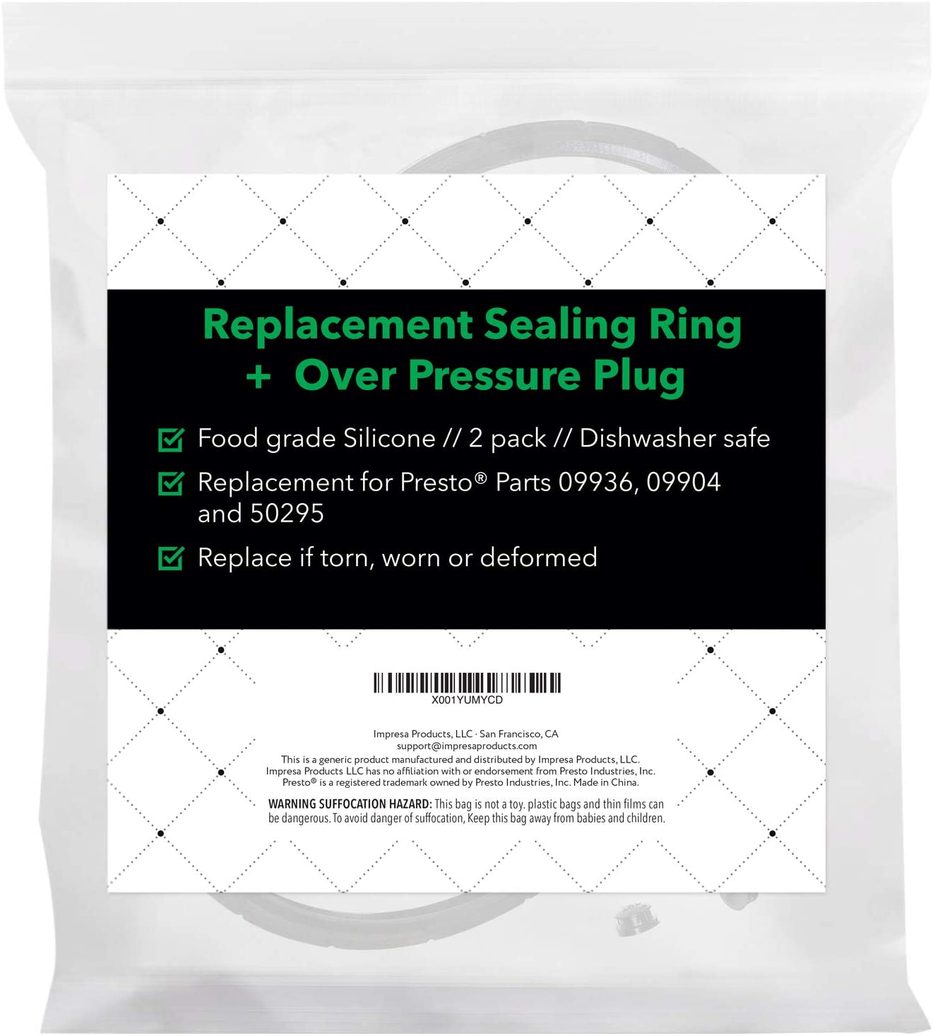 Impresa Presto Pressure Cooker Replacement Gasket and Overpressure Plugs -  2 Sets - Rubber Sealing Rings - Fits Various 6-Quart Presto Models - Part