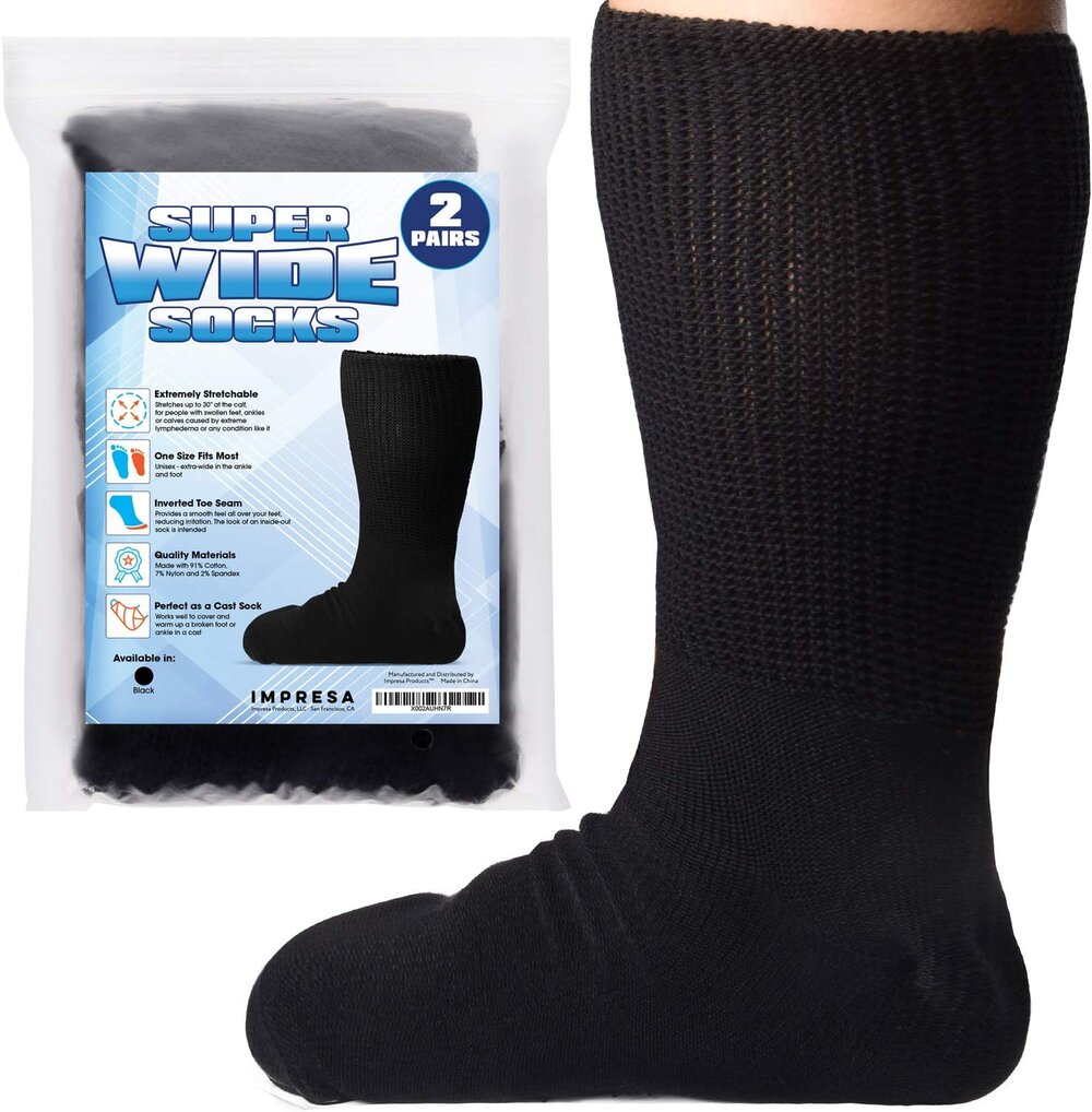 2 Pairs of Impresa Extra Width Socks for Lymphedema - Bariatric Sock - Oversized Sock Stretches up to 30'' Over Calf for Swollen Feet And Mens and Womens Legs - One Size Unisex