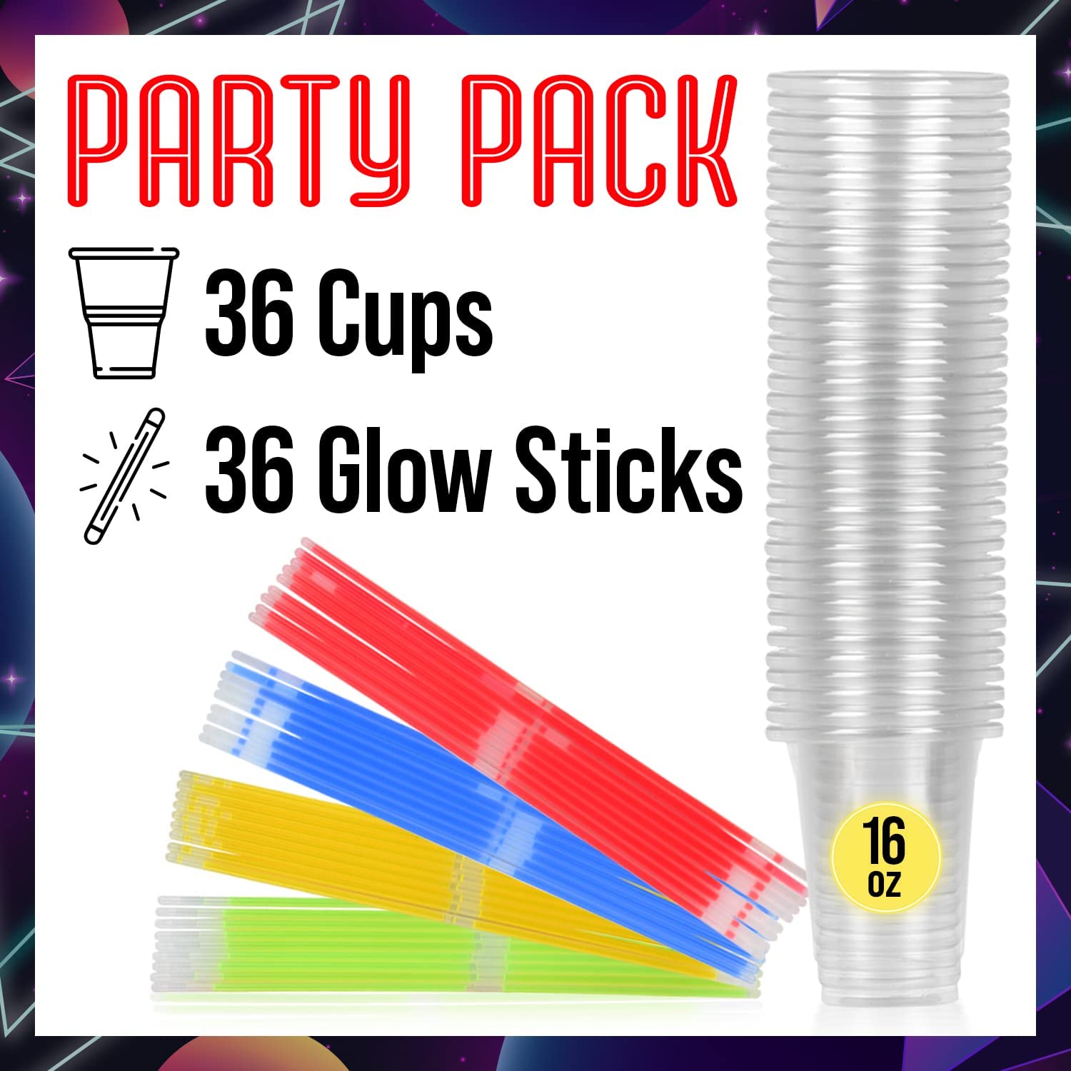 36 Pack] 16 oz Glow Cups with Multi Color Neon Glow Sticks for Partie –  Impresa Products