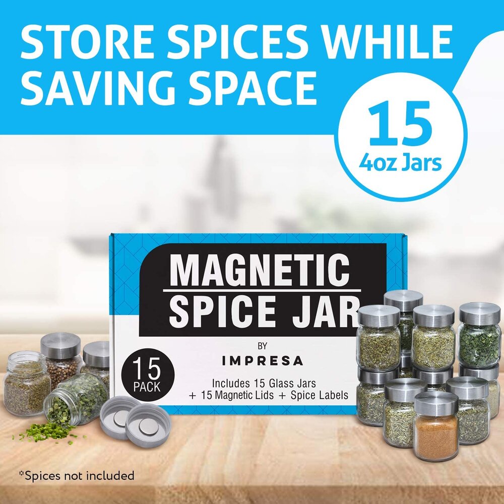 15 Pack Large 4 Oz Magnetic Spice Jars Impresa Products