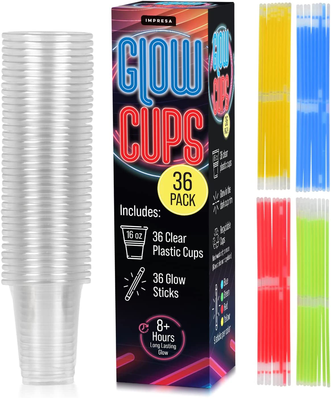 36 Pack] 16 oz Glow Cups with Multi Color Neon Glow Sticks for Partie –  Impresa Products