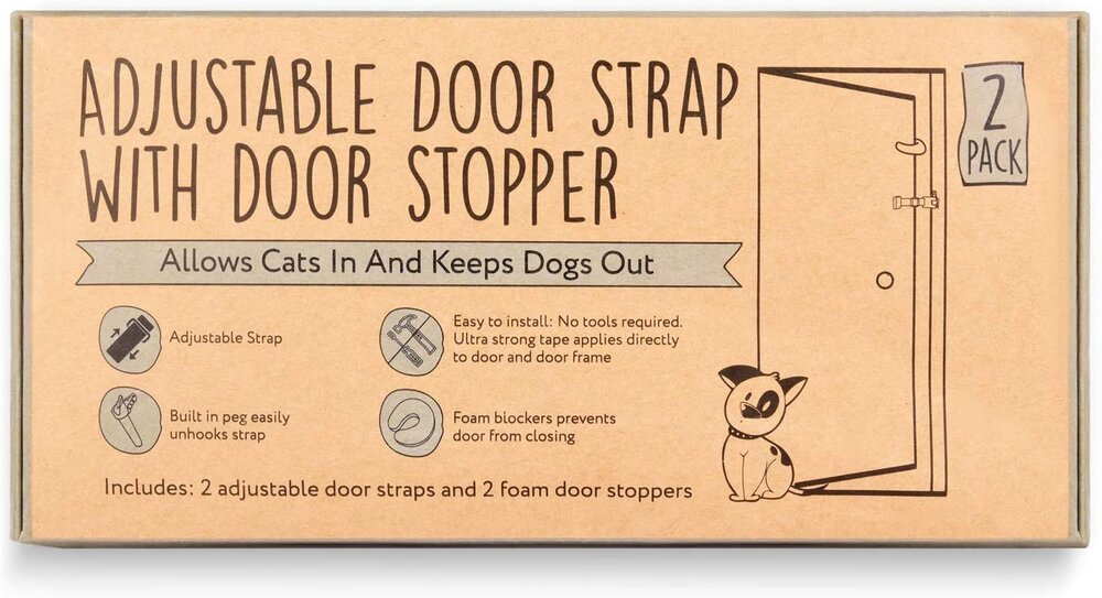 [2 Pack] Dog Door Strap Latch to Keep Dogs Out of Litter Box and Cat Food - Adjustable Door Strap for Pets, Includes Cat Door Stopper - Lets Cats In, Keeps Dogs & Babies Out