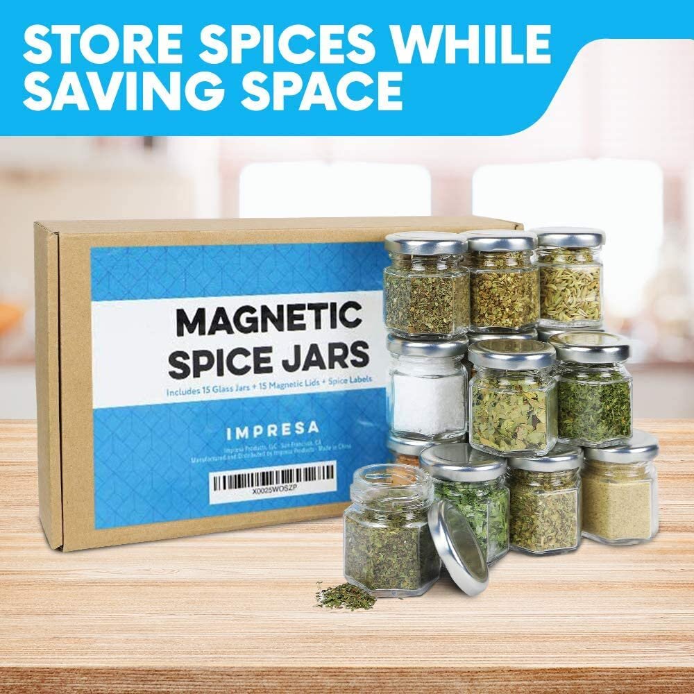15-Pack Magnetic Spice Jars Hexagon Glass Spice Jars With Stainless Steel Strong Magnet Lids - Space Saving Storage For Dry Herbs And Spices - Great for Fridge, Backsplash and More