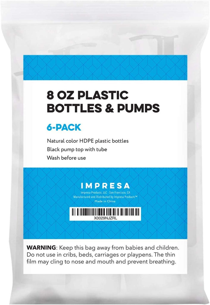 6 Pack 8 Oz Plastic Pump Dispenser Bottles for Lotion, Massage Oil, Shampoo and More! - Refillable, BPA Free Clear / Frosted Empty 8oz Containers - Fit Into Holsters, Bulk