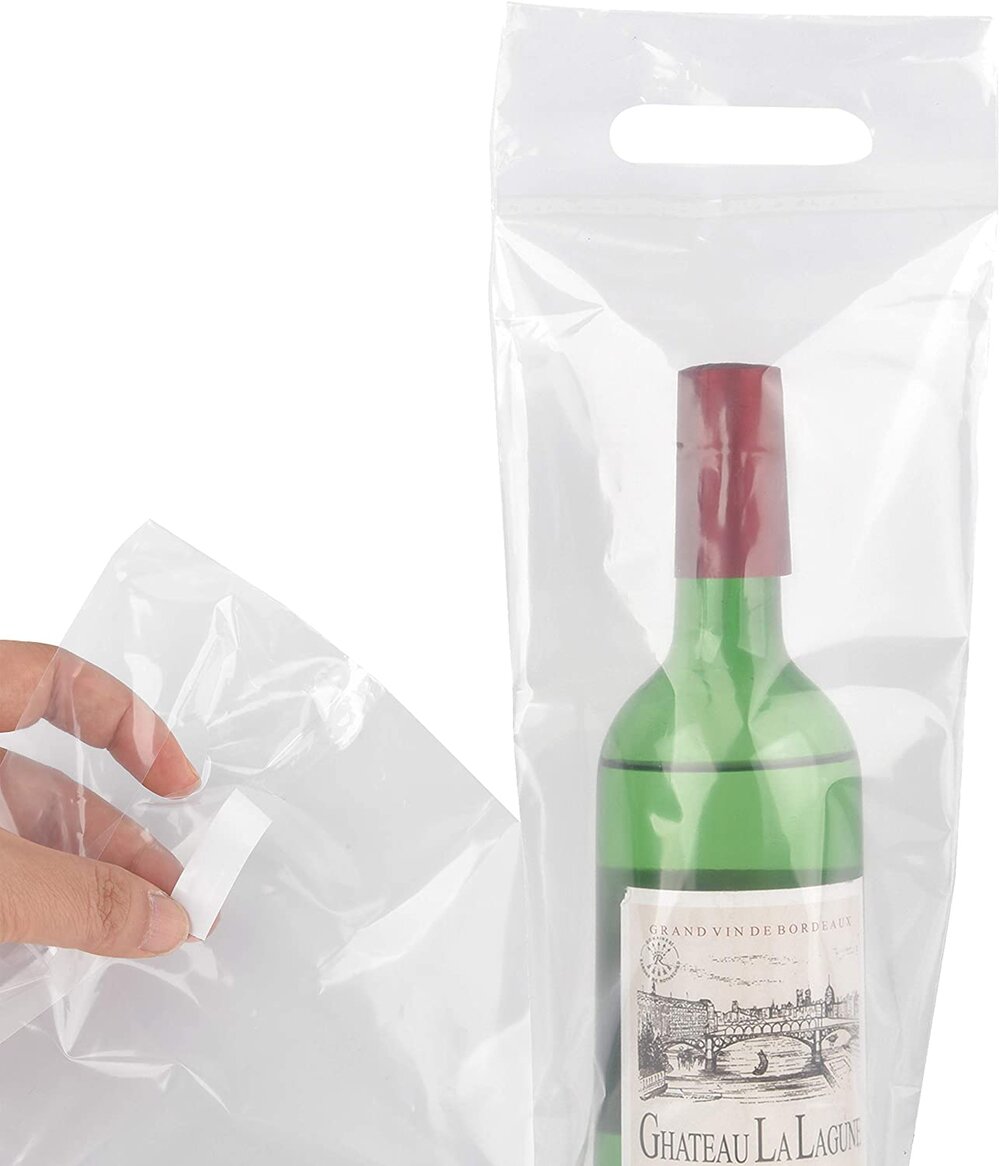 50pk Wine to Go Bag - Use for Restaurant, Bar & Travel Bags - Sturdy Handle and Tamper Proof Seal - Clear Plastic
