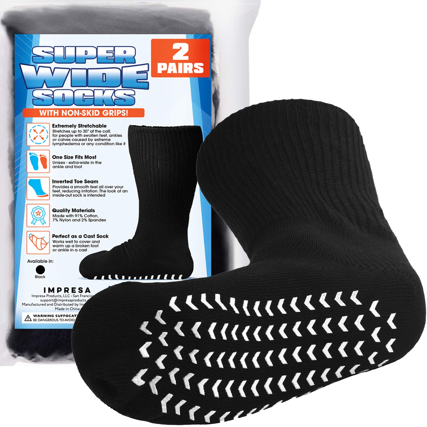 2 Pairs of Super Wide Socks With Non-Skid Grips for Lymphedema