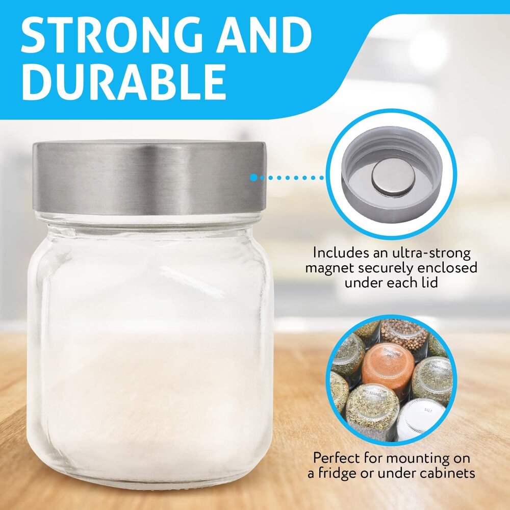 Magnetic Spice Rack Large Jars 15 Pack Holds 4oz, Fridge Mounted Spice Jars, Spice Jars for Stylish Spice Storage Solution, Glass Magnetic Spice Rack with Jars, Works On Any Metal Surface